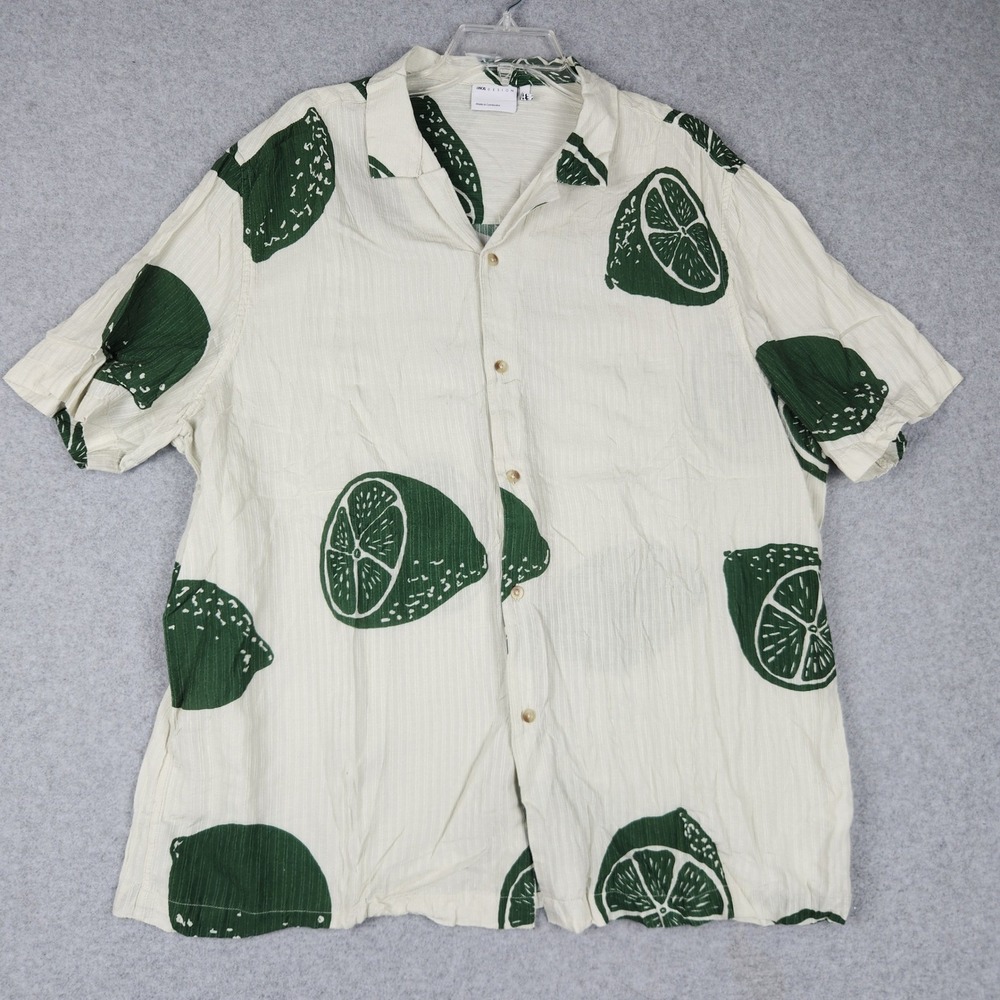 ASOS DESIGN Shirt Men 2XL White Green Lime Fruit Print Cotton Textured Button Up